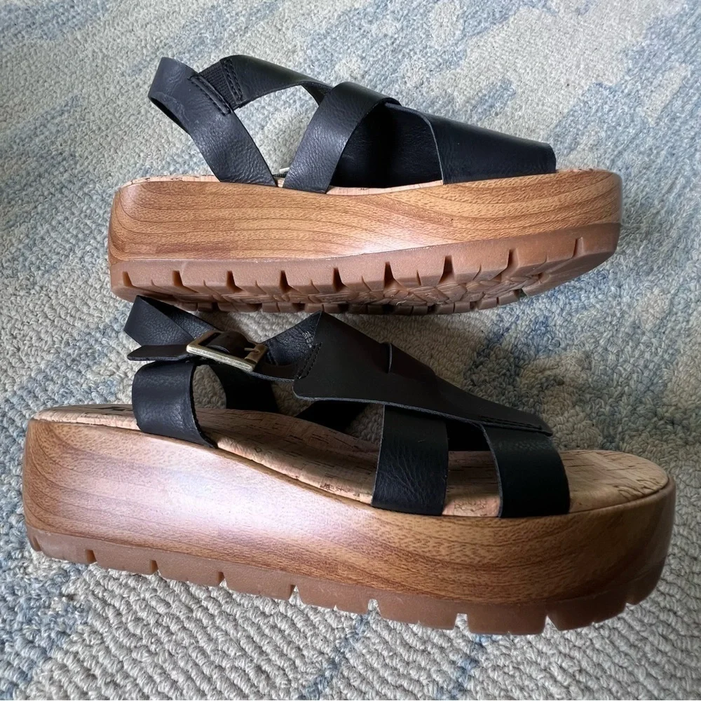 KORKS STRAPPY WOODEN PLATFORM CHUNKY SANDALS SIZE 9 BLACK - Picture 4 of 9